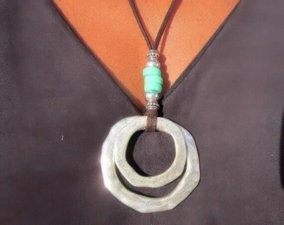 Statement Silver Chunky Pendant leather Ring Necklace • Bohemian Neotribal Jewelry • Custom necklace top sellers • Host Gift for Her