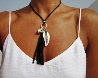 long leather  tassel necklaces, silver leaf bohemian jewelry, boho necklace with silver pendants