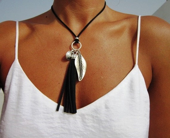 long leather  tassel necklaces, silver leaf bohemian jewelry, boho necklace with silver pendants