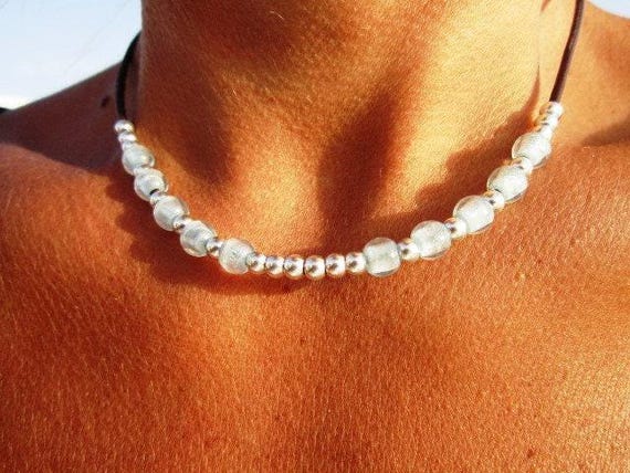 Silver Beaded leather choker Necklace • Best Selling items on Handmade jewelry • Necklaces for Women • Personalized Jewelry Gift for Her
