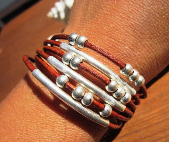 brown leather bracelet, leather bracelet, womens leather bracelets, beads bracelet, silver bracelet, fashion jewelry, gift women