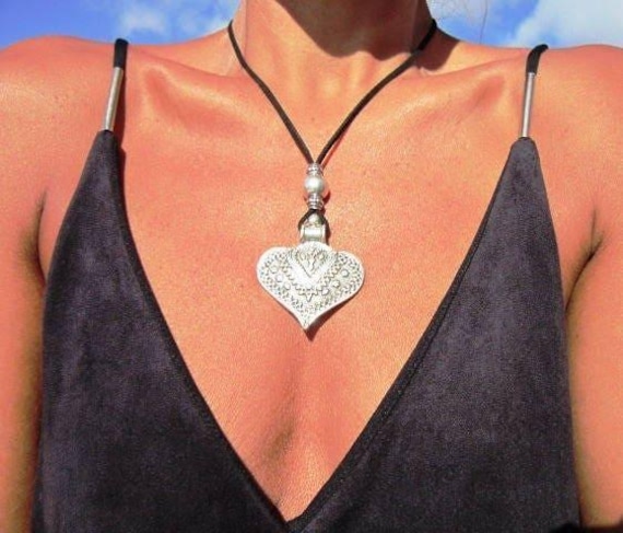 Boho Leather and Silver Beaded Pendant Heart Necklace • Couples Long Statement Chunky Charm Necklace Gift for Her • Bohemian Jewelry