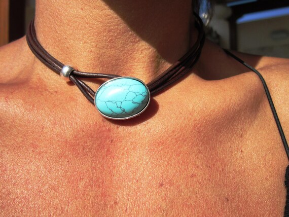 Turquoise Leather Choker Necklace • Silver Choker Necklaces for Women • Bohemian Handmade Turquoise Jewelry • Best selling items by Kekugi