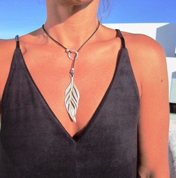 silver feather pendant long Y lariat necklace, Dainty Lariat Necklace, Simple bohemian jewelry