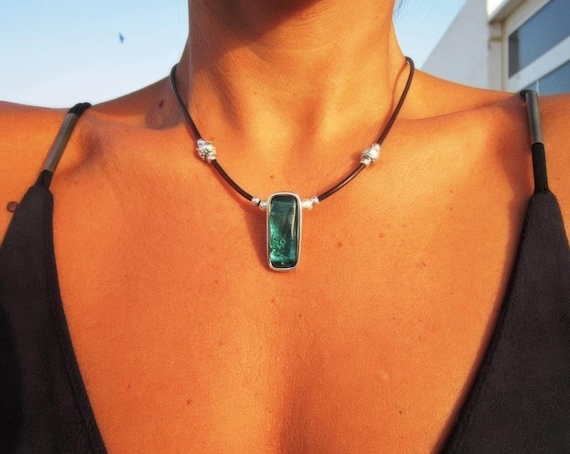 Silver Beaded Necklace featuring a emerald Crystal Charm • Bohemian Personalized Handmade Jewelry • Best selling items Custom Gift for her