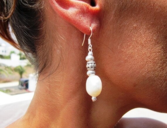 real pearl earrings Statement drop beaded silver earrings • personalized jewelry gift for her • earrings dangle • Handmade jewelry by kekugi