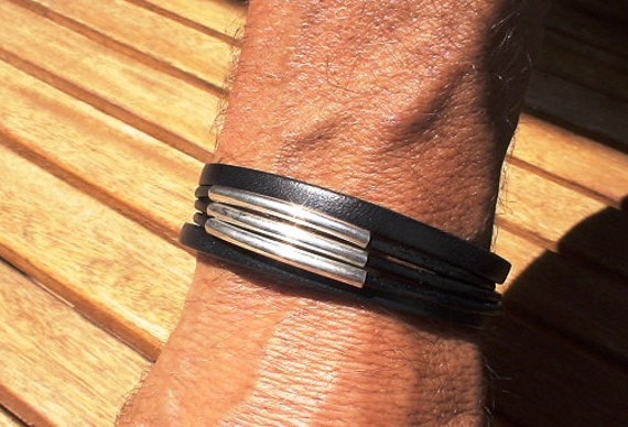 Silver and Leather mens bracelet, friendship couples bracelet, men cuff bracelet, handmade silver mens jewelry, unique gifts for men