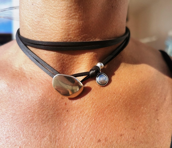 Handmade Leather Wrap Choker Necklace, Silver Charm, Boho Jewelry