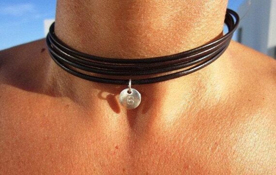 Silver Beaded Leather Choker Necklace beaded with initial charm  • Handmade personalized jewelry gift for her