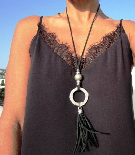 long necklace, tassel necklaces, bohemian jewelry, leather tassel, silver necklaces, tassel jewelry, ring necklace, silver ring, eternity