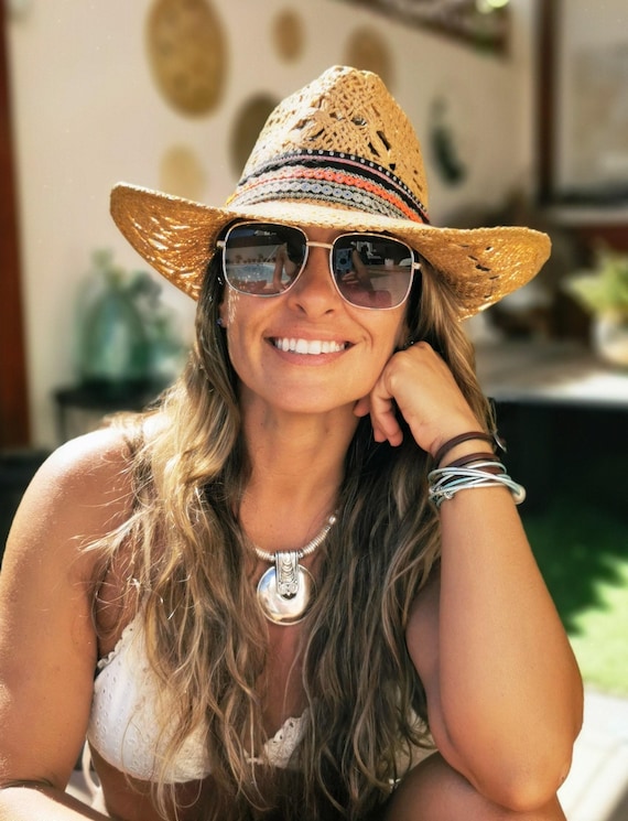Cowboy straw Hat for Bride or bachelorette party, Coastal cowgirl hat, Handmade hats Bohemian festival Summer Accessory