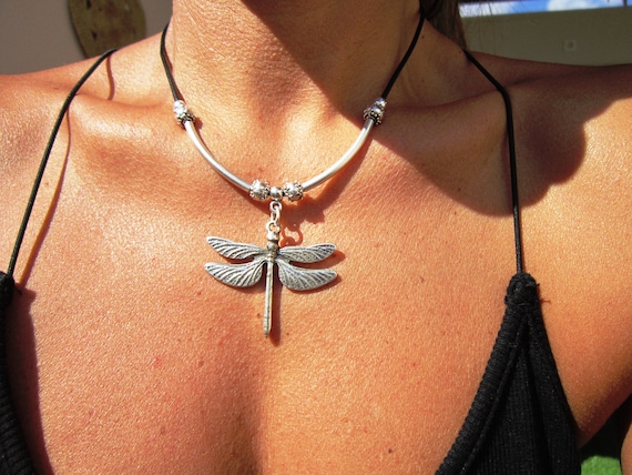 silver Dragonfly beaded necklace, long pendant bohemian leather necklace, modern geometric necklace, kekugi handmade jewelry, boho jewelry