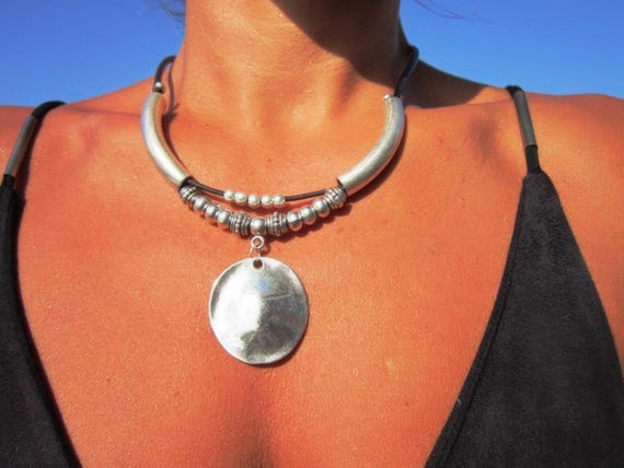 Statement Beaded Necklace with Silver Charm • Bohemian Handmade jewelry • Necklaces for Women • Personalized Jewelry Gift for Her by kekugi