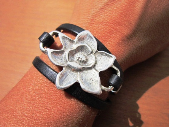 orchid flower, flower bracelet, silver orchid, silver bracelet, spring jewelry, leather bracelet, spring trends, chic jewelry, accessories