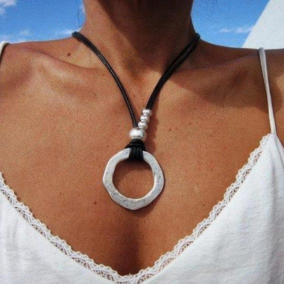 Boho Leather and Silver Beaded Pendant Ring Necklace • Long Statement Chunky Charm Necklace Gift for Her • Bohemian Jewelry by Kekugi