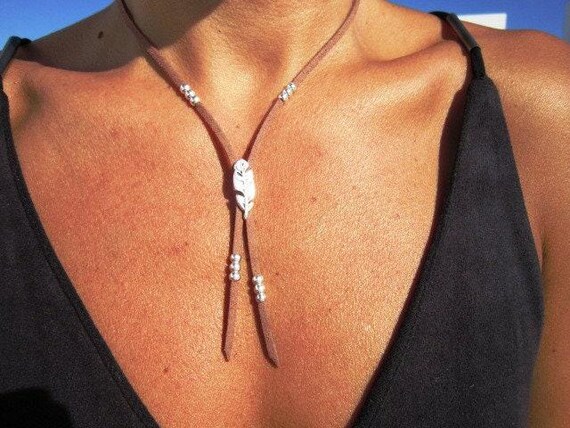 Delicate simple lace Necklace, adjustable necklace long or choker, silver feather necklace