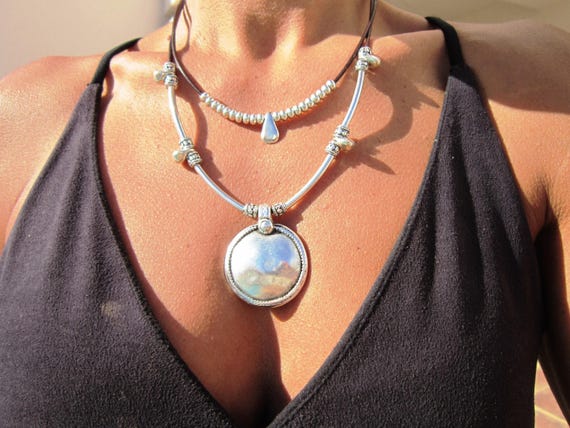 Layered Statement Silver Beaded Necklace with charm • Couples Necklace with Charm • Handmade Personalized Jewelry Gift for Her by Kekugi