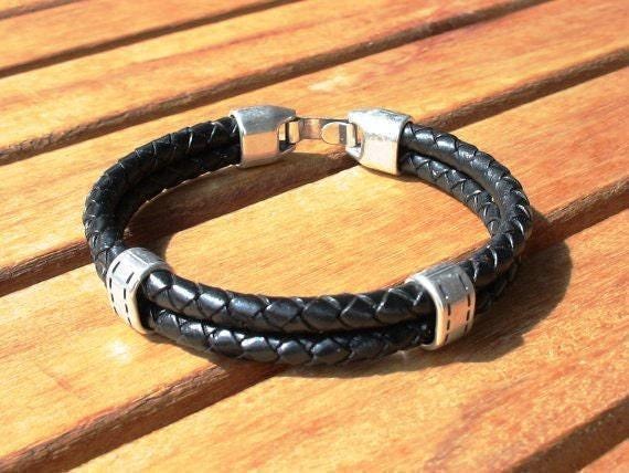Personalized Leather & Silver Beaded Bracelet Gifts for Men • Handmade Mens Jewelry • Birthday Gift or Custom Jewelry Gift for Him by Kekugi