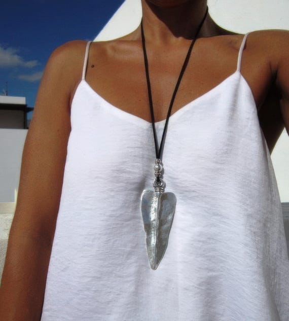 Boho Leather and Silver Beaded Pendant Necklace • Long Statement Chunky arrowhead Charm Necklace