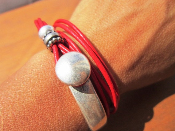beads bracelet, red leather bracelet, silver bracelets, womens bracelets, leather bracelet, beads Bracelet, fashion jewelry, half bracelet