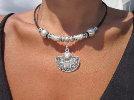 Boho Leather Choker Necklace  Handmade Unique Silver Jewelry for Women