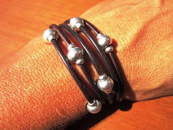 Bohemian Leather and Silver Beaded Bracelet Jewelry • Handmade Personalized Jewelry Gifts • Custom Bracelet Gift for Her by Kekugi