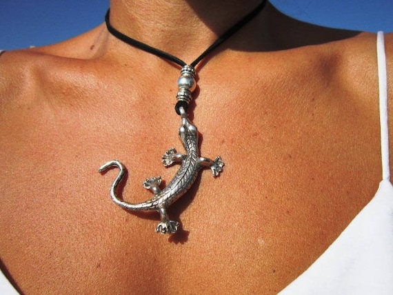 Lizard pendant long necklace, necklaces for women, silver gecko lizard necklace, costume jewelry