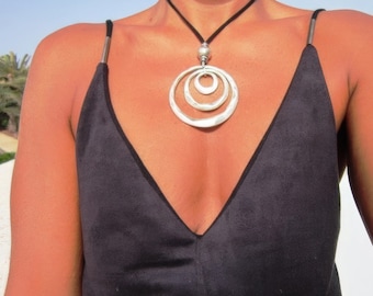 Statement Silver Chunky Pendant leather Necklace • Bohemian Jewelry Gift for Her • Boho Necklace