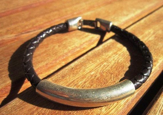 Silver & Leather Custom Bracelet Gift for Him• Personalized Handmade Jewelry Gift • Beaded Charm Bracelet Personalized Gifts