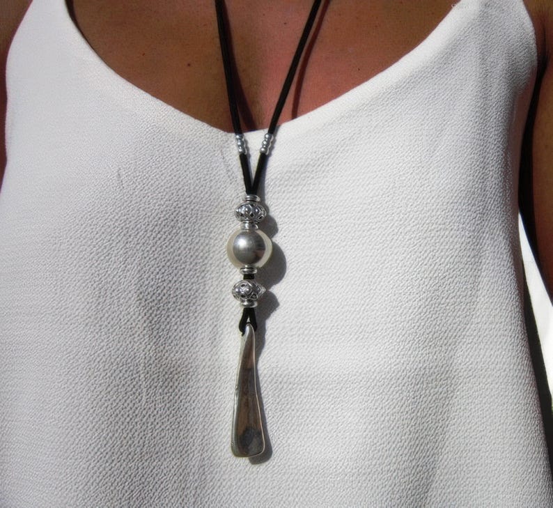 statement boho chic silver pendant necklace, boho jewelry, bohemian jewelry, boho chic jewelry, leather handmade jewelry designs by kekugi, gift ideas for her