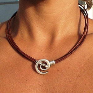 Leather Choker necklace, choker necklace, silver necklace, spiral necklace, silver jewelry, charm necklace image 1