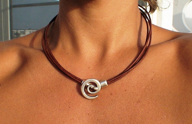 Leather Choker necklace, choker necklace, silver necklace, spiral necklace, silver jewelry, charm necklace image 1