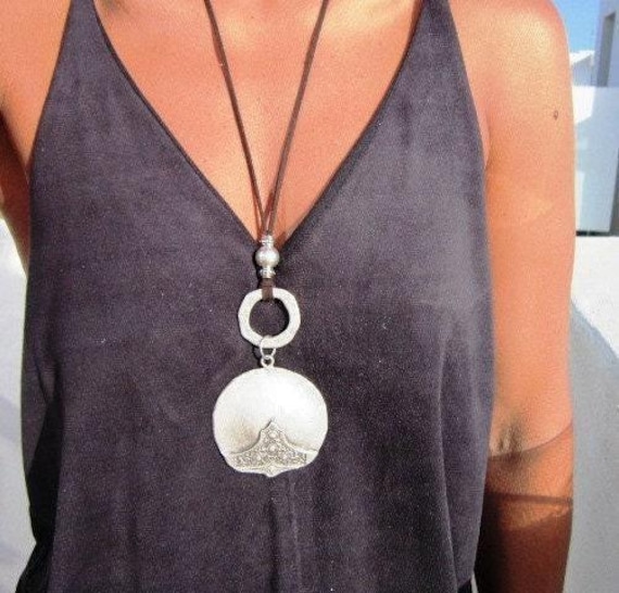 Statement Silver Chunky Pendant leather Necklace • Bohemian Jewelry Best Selling Items • Gift for Her • Neotribal Jewelry Boho Necklace
