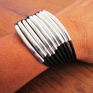 Women's leather bracelet, multi strand Black leather bracelet, custom handmade jewelry for Her image 3
