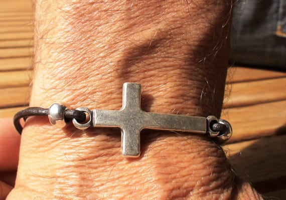Leather & Silver Mens Cross Bracelet • Matching Couple Bracelets • Custom mens bracelet Gift for him • Best Selling Items jewelry by Kekugi