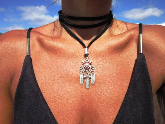 wrap leather choker necklace, beaded choker necklace with charms, bohemian jewelry, bohemian necklaces