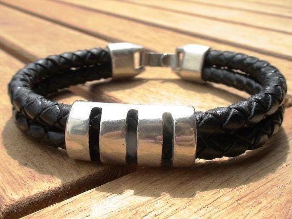 Personalized Leather & Silver Beaded Bracelet Gifts for Men • Handmade Mens Jewelry • Birthday Gift or Custom Jewelry Gift for Him by Kekugi