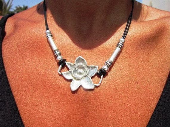 Statement Pendant Charm Orchid Necklace • Silver Beaded Necklaces for Women • Handmade Personalized Jewelry Best selling items Gifts