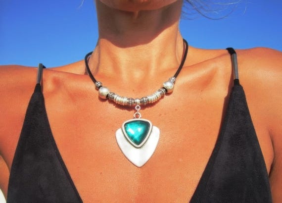 Silver Beaded Necklace featuring a green emerald Crystal Charm • Bohemian Personalized Handmade Jewelry • Best selling items Custom Gift