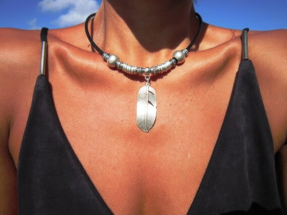 Statement Beaded Necklace with Silver Charm • Bohemian Handmade jewelry • Necklaces for Women • Personalized Jewelry Gift for Her by kekugi