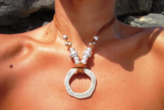 Statement Pendant Charm Unique Ring Necklace • Silver Beaded Necklaces for Women • Handmade Personalized Jewelry Best selling items Gifts