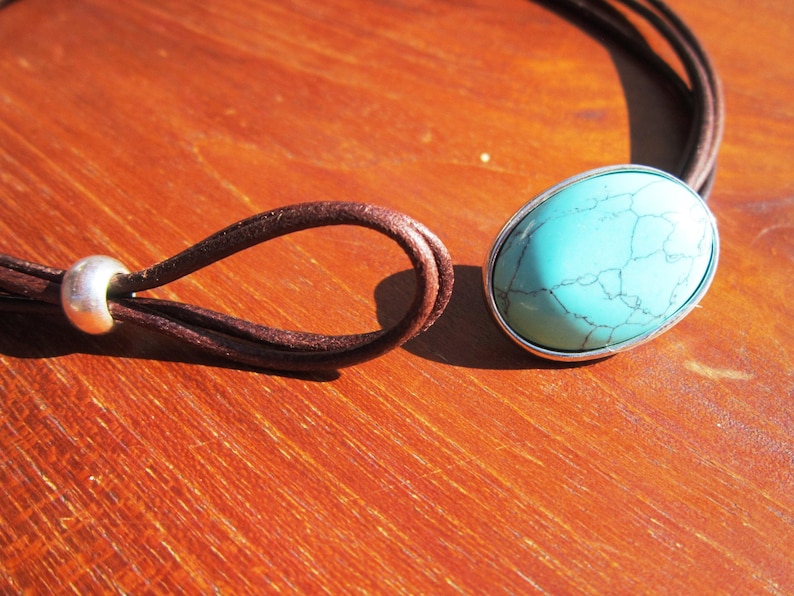Turquoise Leather Choker Necklace • Silver couples Necklaces for Women • Bohemian Handmade Turquoise Jewelry • Best selling items by kekugi zdjęcie 5