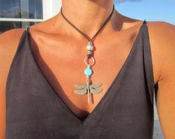Statement Pendant Charm Dragonfly Necklace • Silver Beaded Necklaces for Women • Handmade PersonalizedJewelry Best selling items Gifts