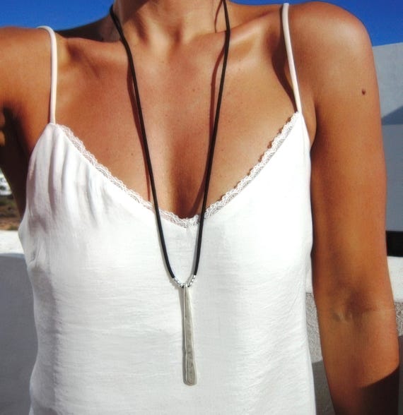 leather and Silver Pendant Beaded Necklace • Long Boho Layered Chunky Necklace Gift for Her