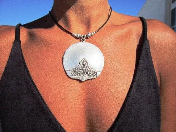 Custom Statement Silver Beaded Necklace with Chunky Boho Pendant Charm • Custom Personalized Jewelry • Best Selling Items Gift for Her