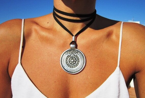 wrap leather choker necklace, beaded choker necklace with charm, bohemian jewelry, bohemian necklaces