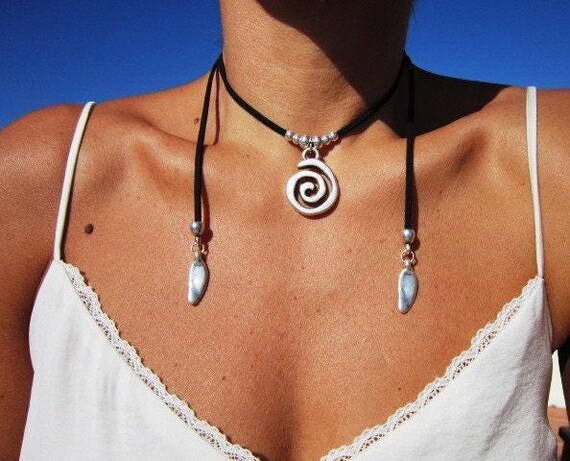 Boho Leather and Silver Beaded Pendant Necklace • Long Statement Chunky Charm Necklace Gift for Her • Bohemian witchy Jewelry Galentine Gift