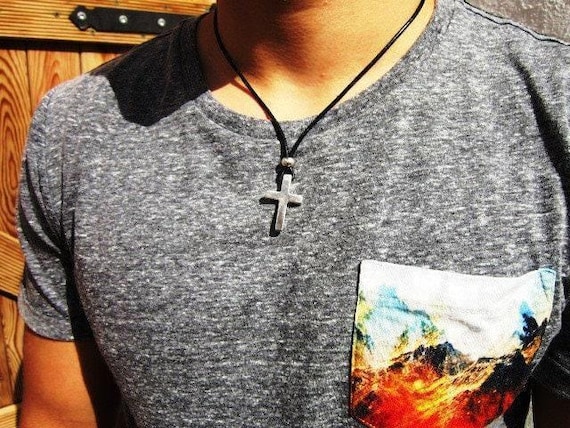 crucifix cross necklace, Mens Necklace Leather Pendant Necklace – Handmade Jewelry Gift for Him Personalized Jewelry by Kekugi