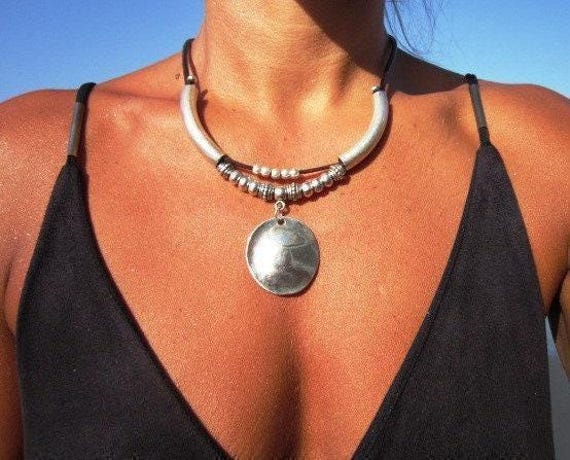 Statement Beaded Necklace with Silver Charm • Bohemian Handmade jewelry • Necklaces for Women • Personalized Jewelry Gift for Her by kekugi