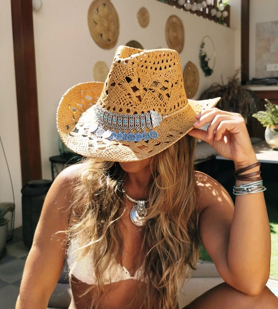 summer straw sun hat, Handmade sun hats with coins, Boho cowboy hats for women, bohemian beach festival hat, boho cowgirl hats for women